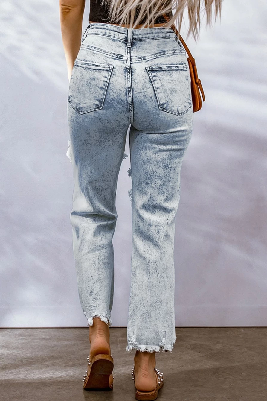 Shewin Women's Sky Blue Light Washed Boyfriend Jeans with Ripped Hollow-Out Detail