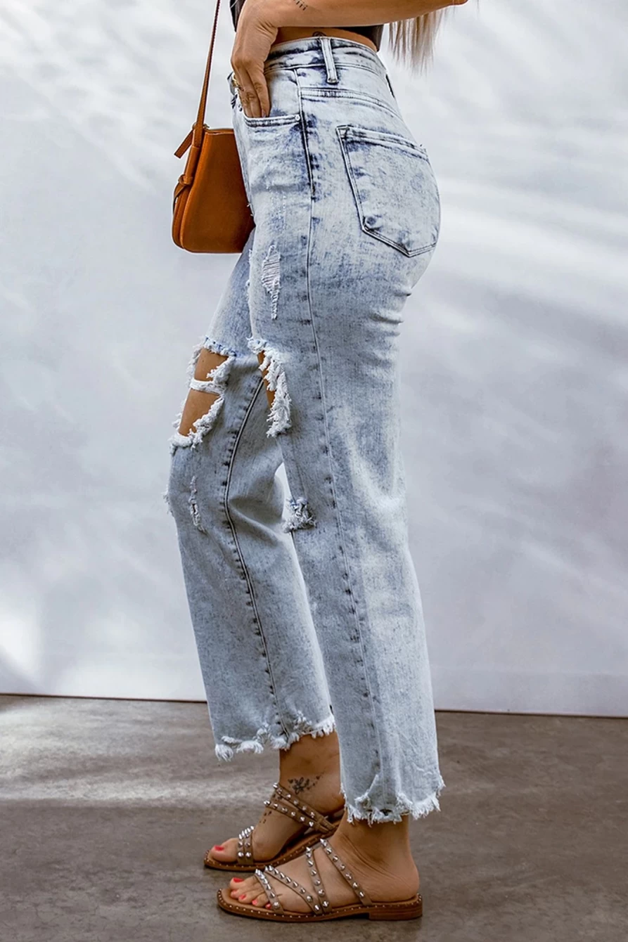 Shewin Women's Sky Blue Light Washed Boyfriend Jeans with Ripped Hollow-Out Detail