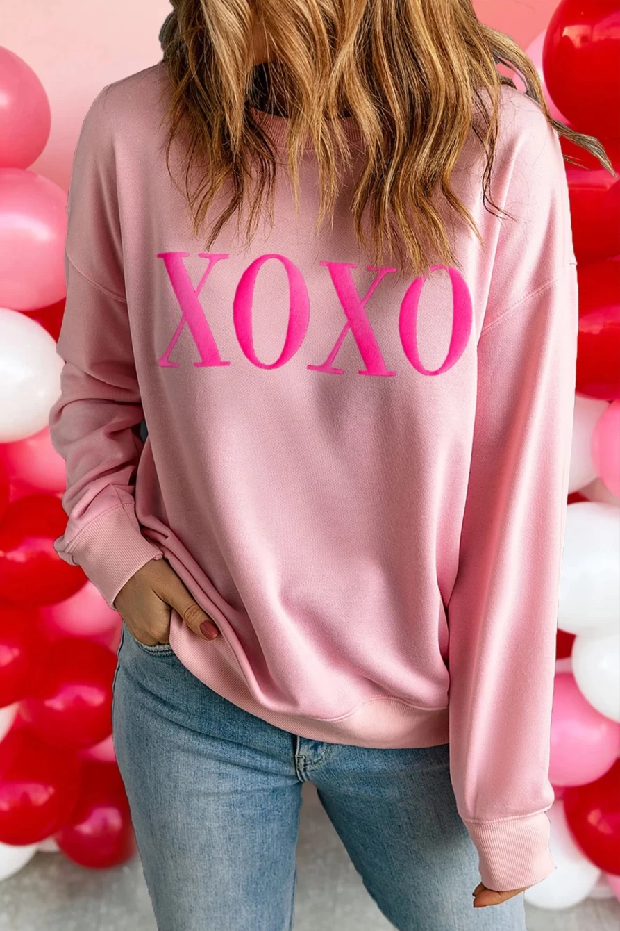 Shewin Women's Pink Xoxo Graphic Drop Shoulder Oversized Sweatshirt