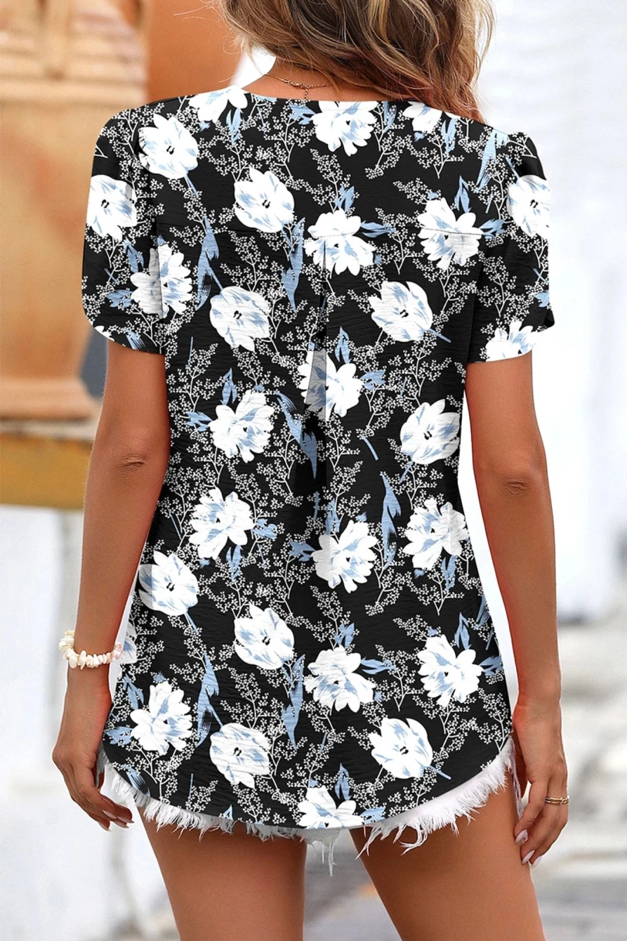 Shewin Women's Black Floral Print V-Neck Petal Sleeve Blouse