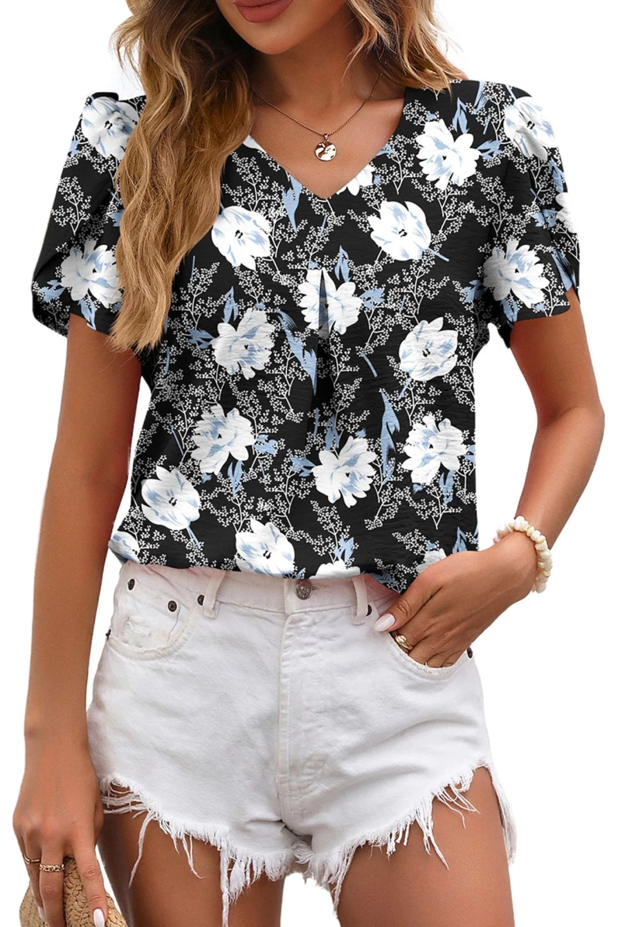 Shewin Women's Black Floral Print V-Neck Petal Sleeve Blouse