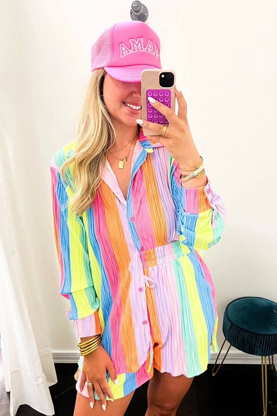 Shewin Women's Multicolor Rainbow Stripe Crinkle Shirt & Shorts Outfit Set