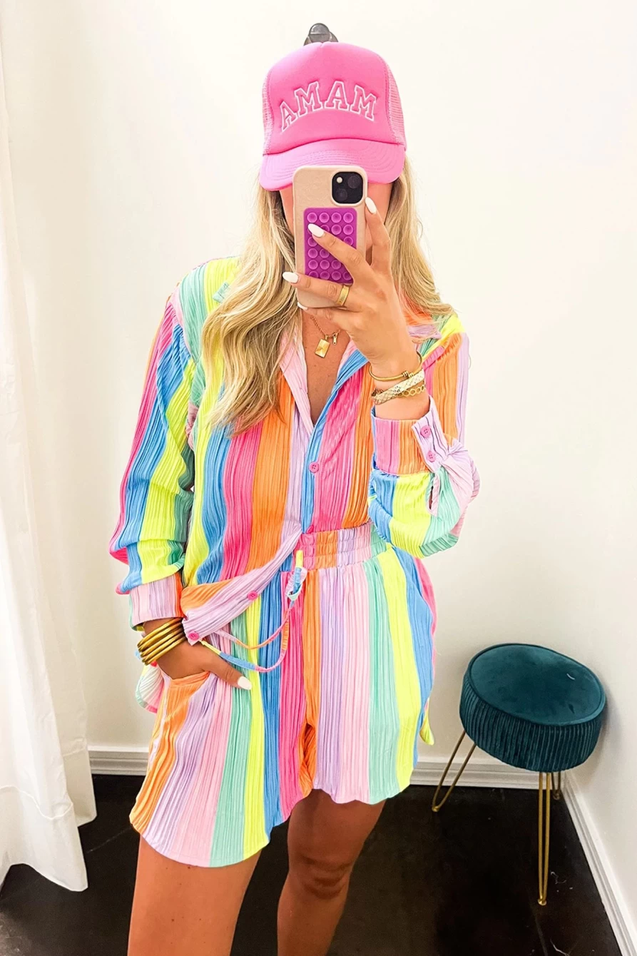 Shewin Women's Multicolor Rainbow Stripe Crinkle Shirt & Shorts Outfit Set