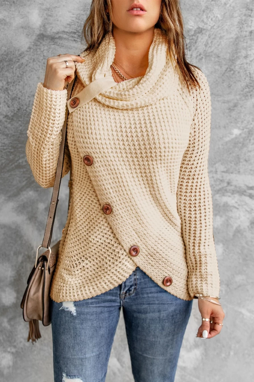Shewin Women's Beige Casual Knit Button Front Cowl Neck Sweater