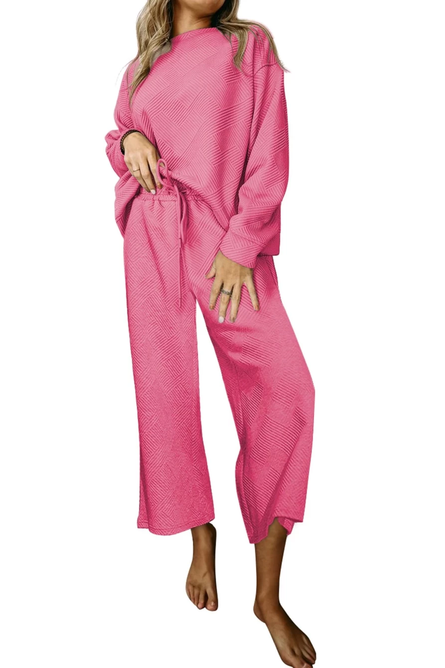 Shewin Women's Strawberry Pink Textured Loose Slouchy Long Sleeve Top and Pants Set