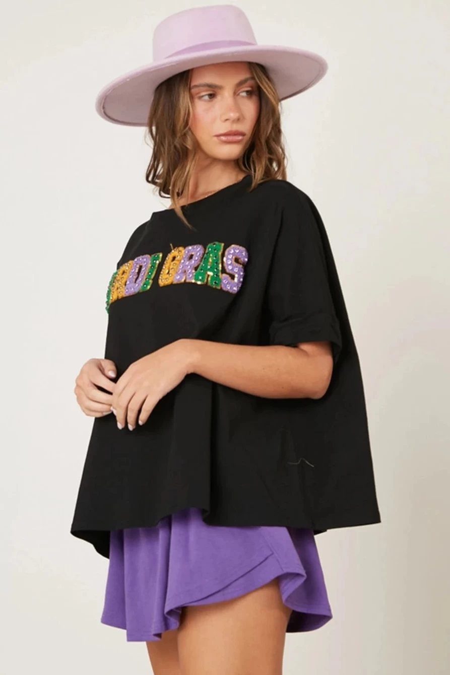 Shewin Women's Black Rhinestone Mardi Gras Letter Patch T-Shirt