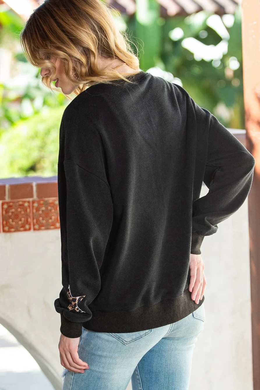 Shewin Women's Black Leopard Stars Patchwork Drop Sleeve Sweatshirt