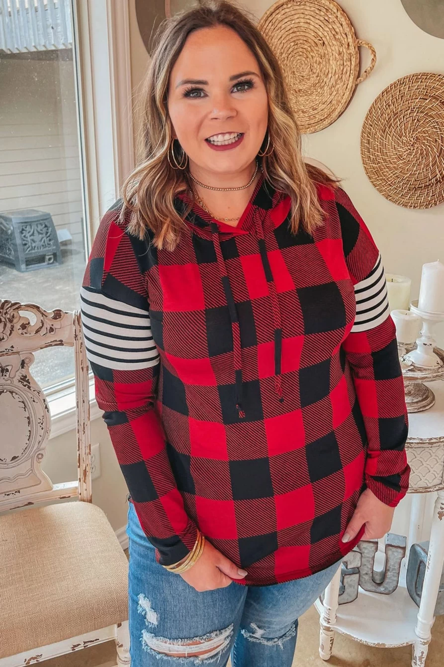 Shewin Women's Plus Size Red Plaid Striped Patch Sleeve Hoodie