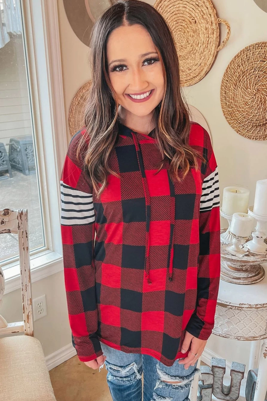 Shewin Women's Plus Size Red Plaid Striped Patch Sleeve Hoodie