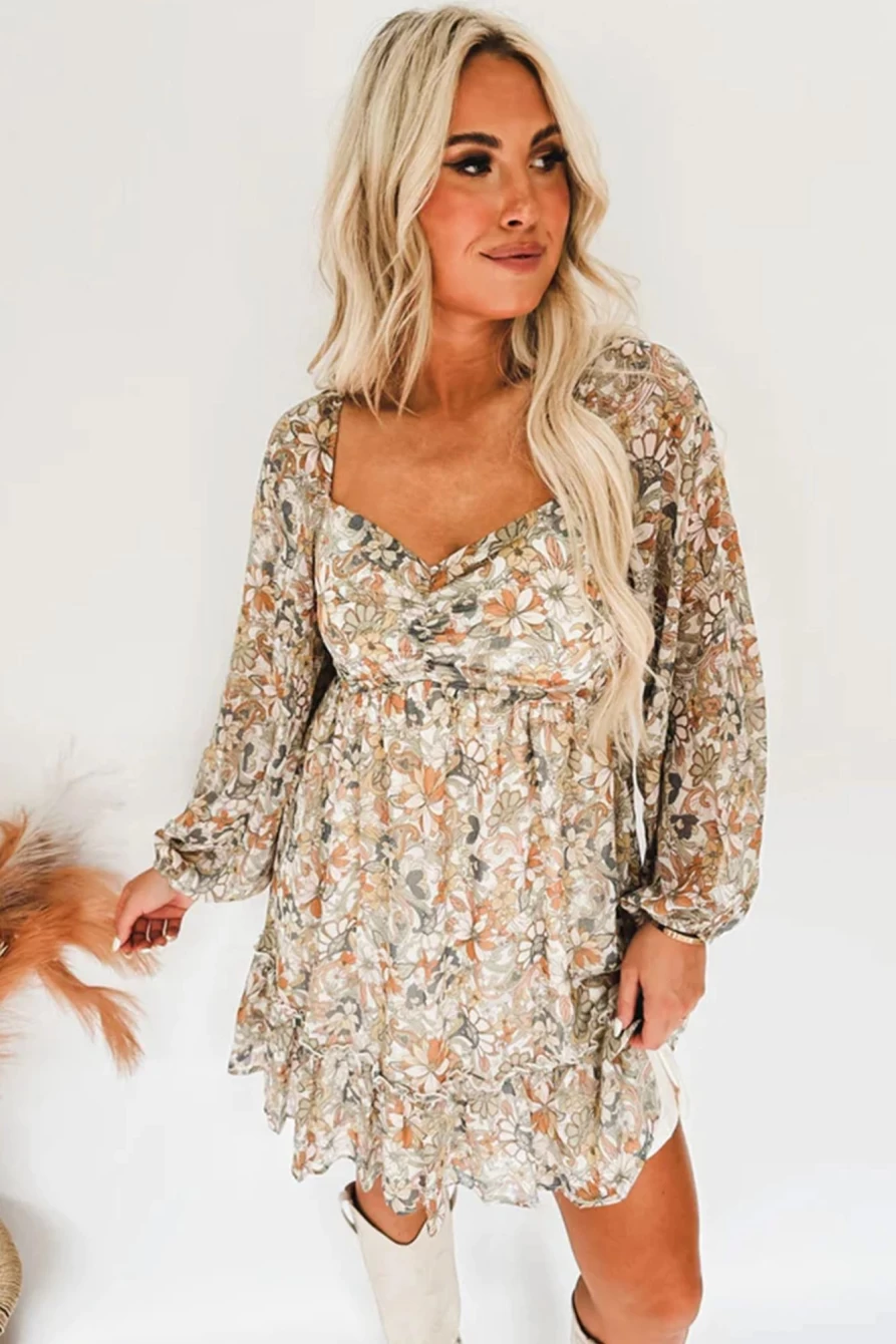 Shewin Women's Printed Boho Floral Sweetheart Neck Ruched Frilled Dress