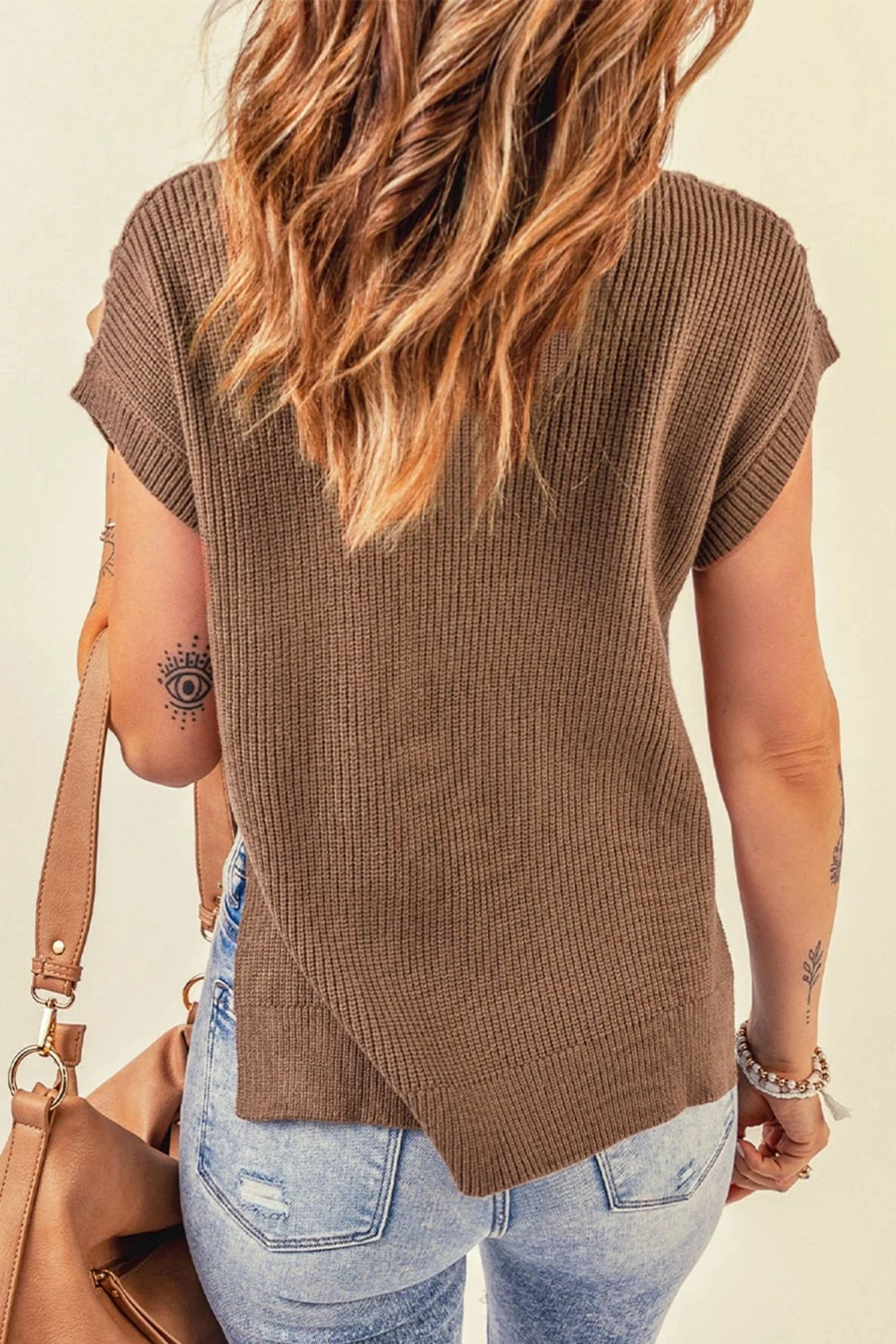 "Shewin Women's Brown Cable Knit Sweater Vest with Side Slits"