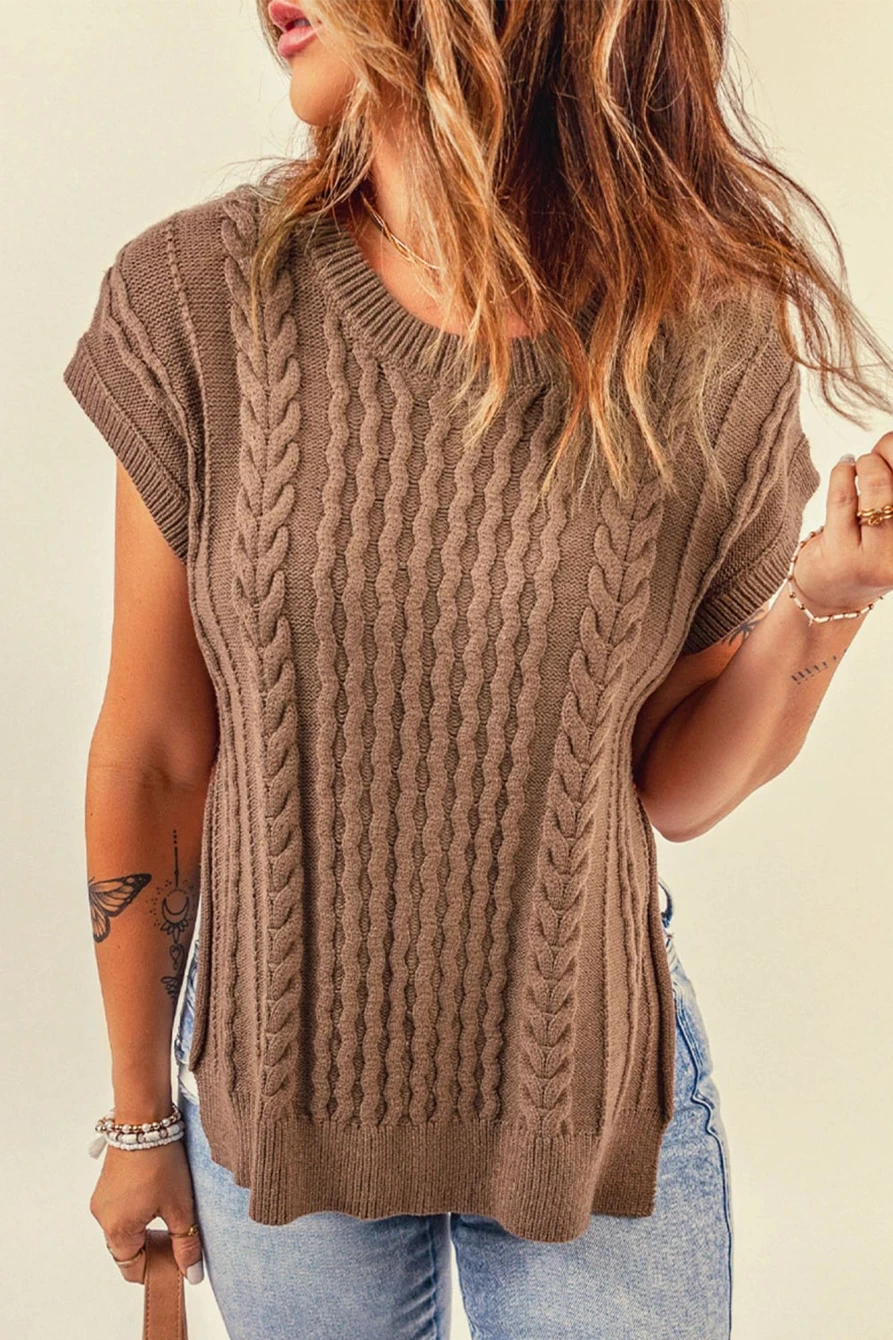 "Shewin Women's Brown Cable Knit Sweater Vest with Side Slits"