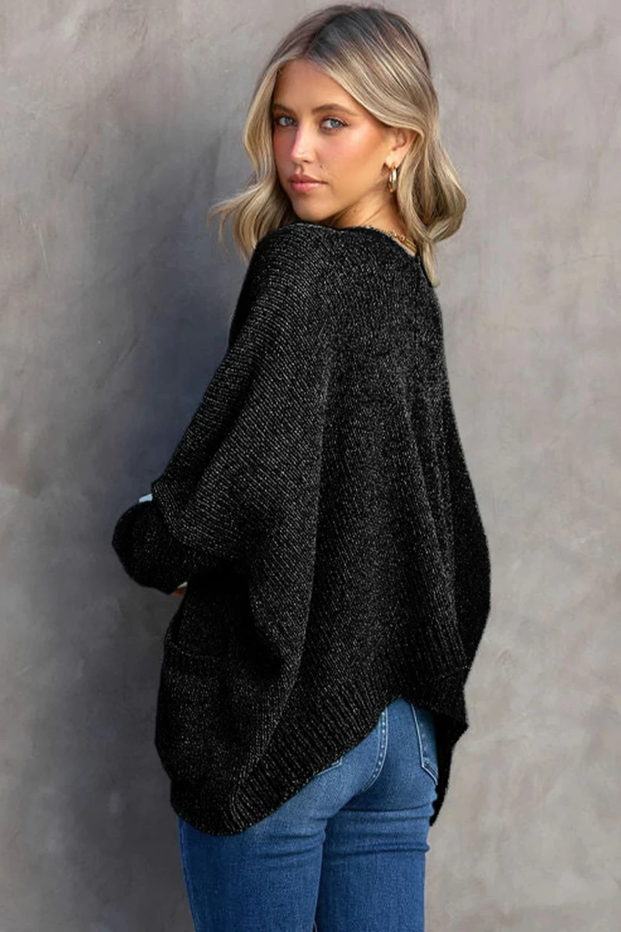 Shewin Women's Black Button Front Pocketed Loose Fit Knitted Cardigan Sweater