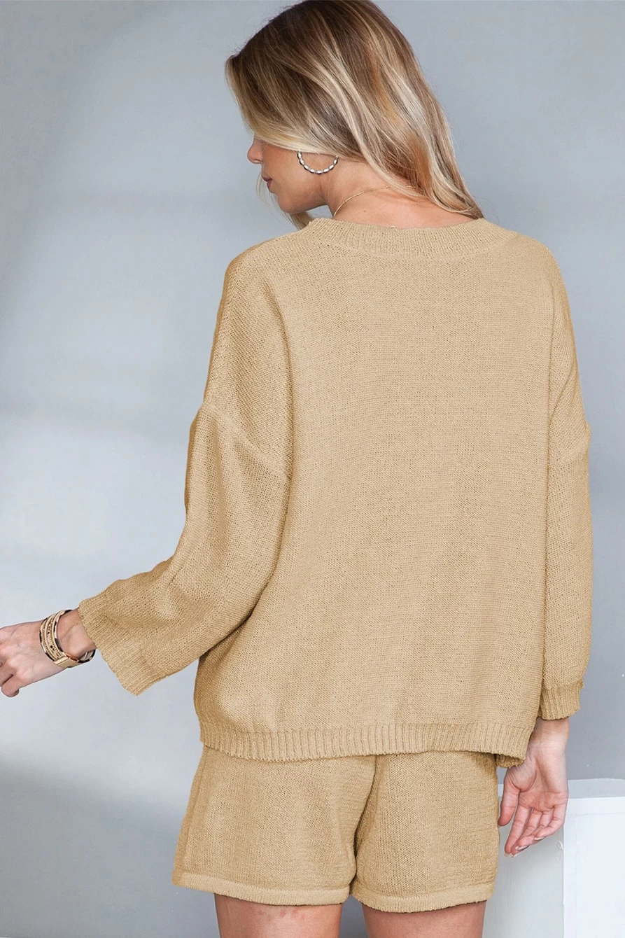 Shewin Women's Khaki Solid Sweater with Drawstring Shorts Outfit