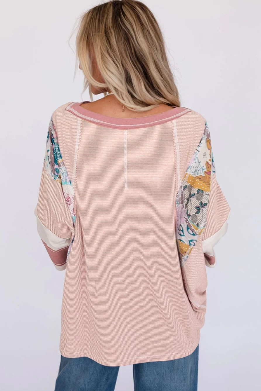 Shewin Women's Pink Printed Oversized Patchwork Top with Striped and Floral Color Block Design