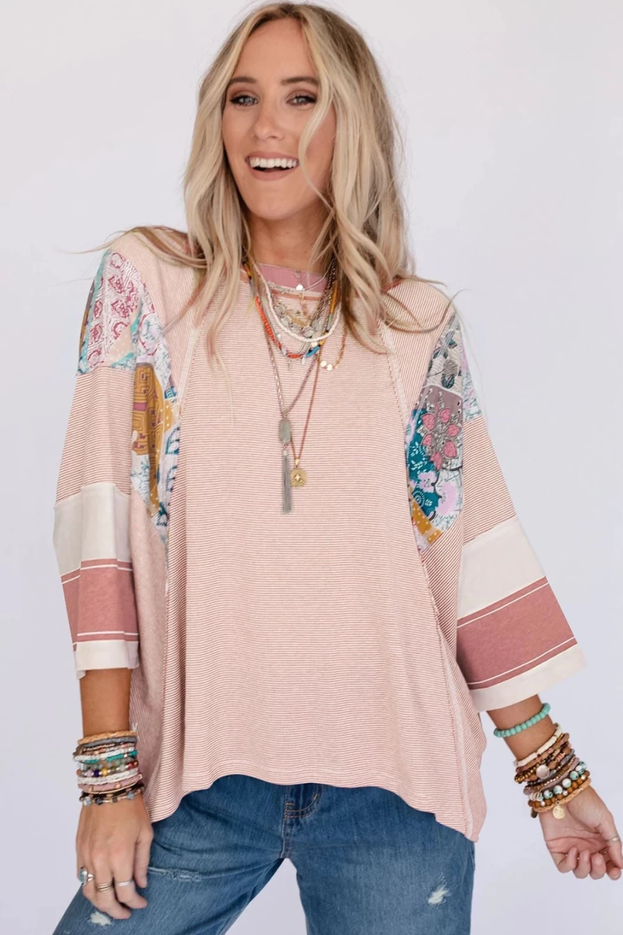 Shewin Women's Pink Printed Oversized Patchwork Top with Striped and Floral Color Block Design