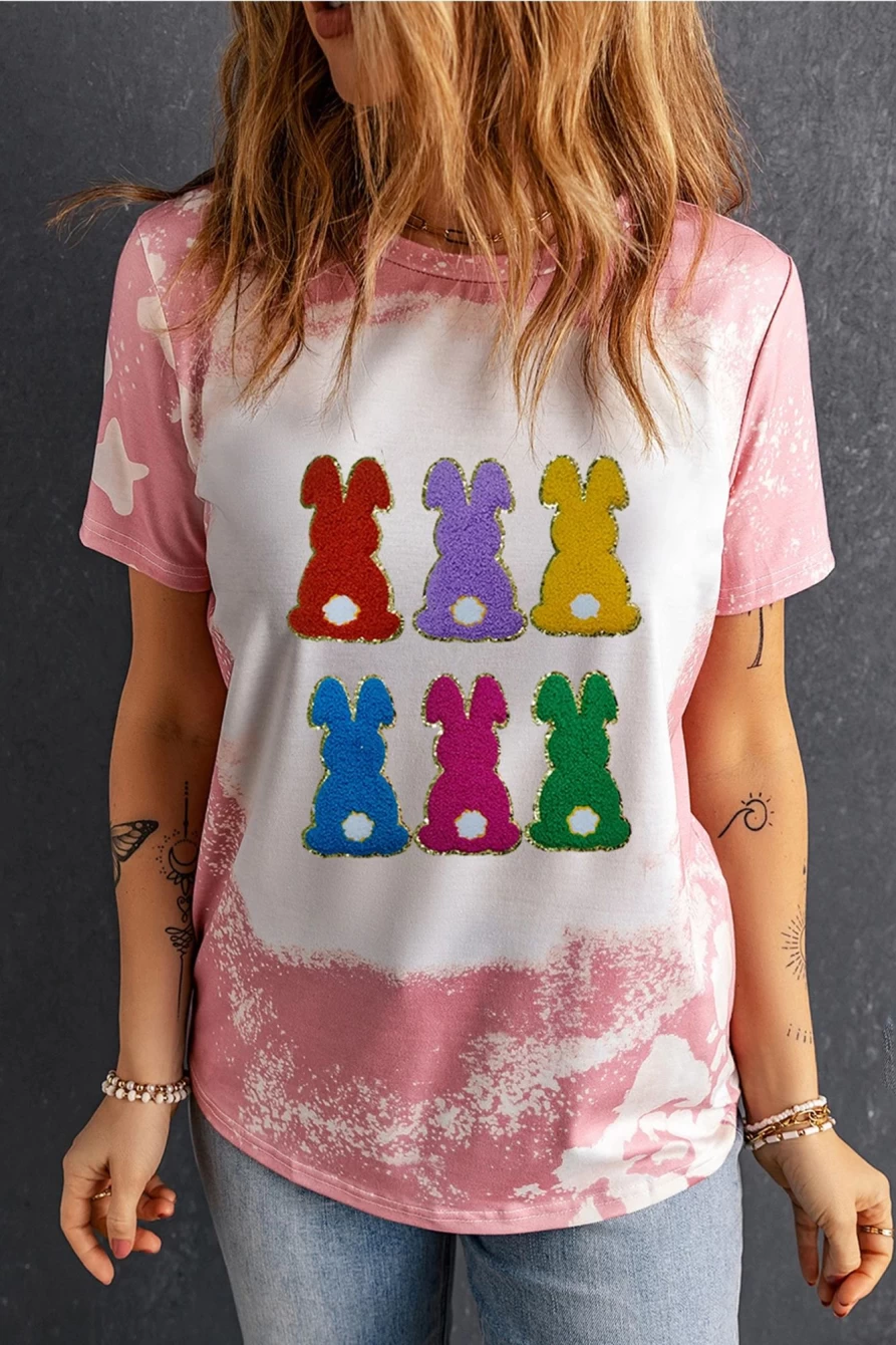 Shewin Women's Pink Easter Rabbit Tie Dye T-Shirt - Soft Chenille Graphic Tee