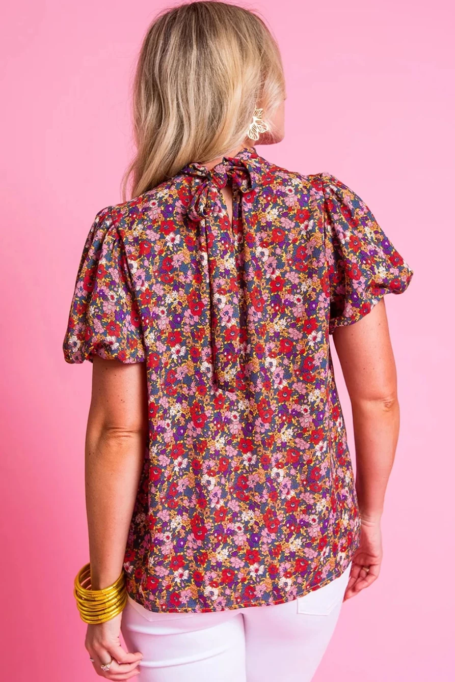 "SheWin Women's Boho Floral Print Purple Blouse with Mock Neck & Puff Sleeves"