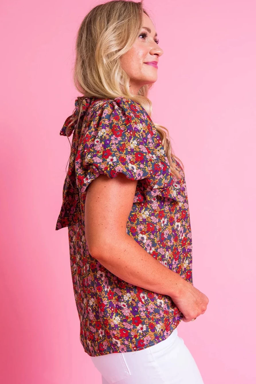 "SheWin Women's Boho Floral Print Purple Blouse with Mock Neck & Puff Sleeves"