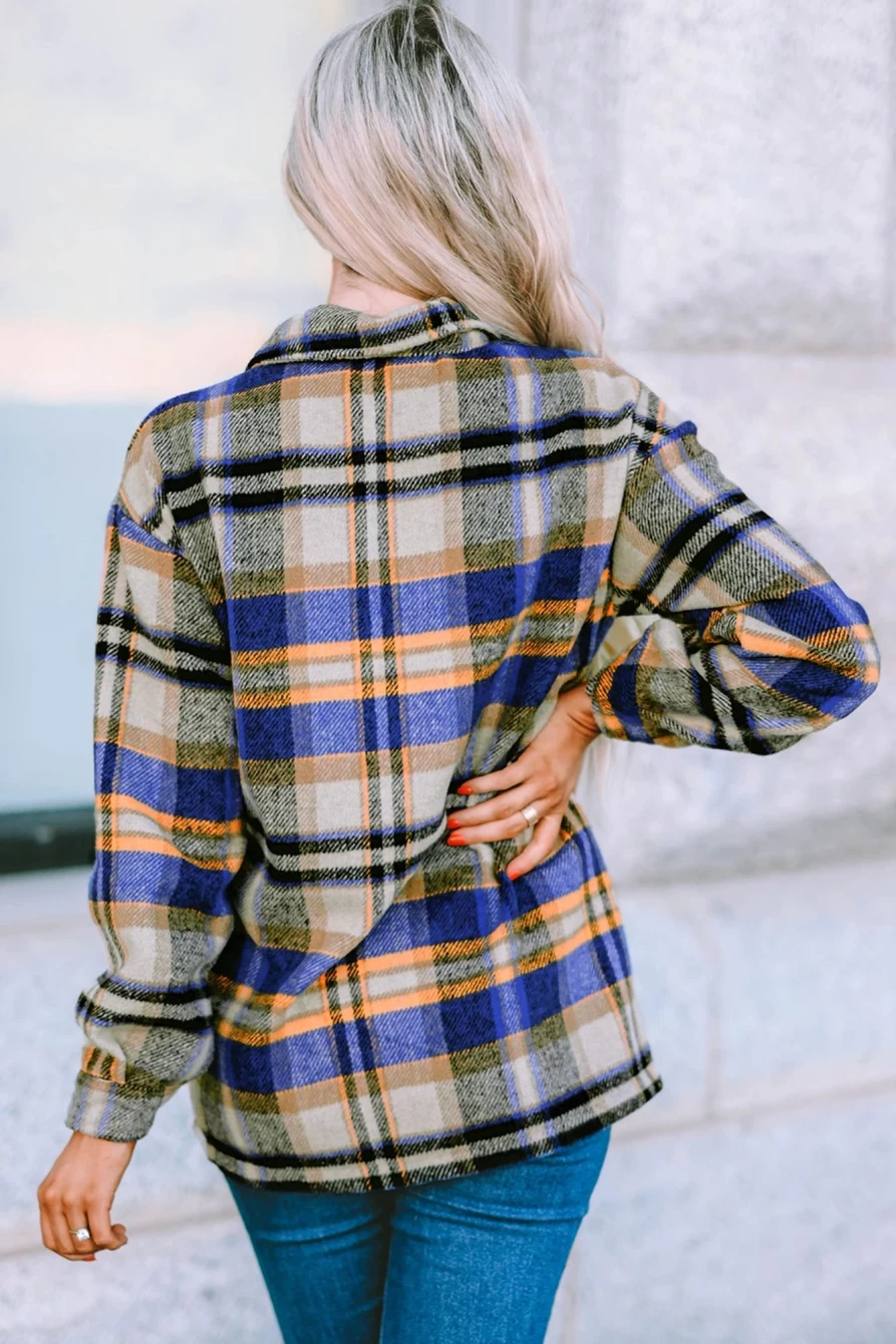 "Shewin Women's Blue Flannel Button-Up Shacket with Flap Pocket"