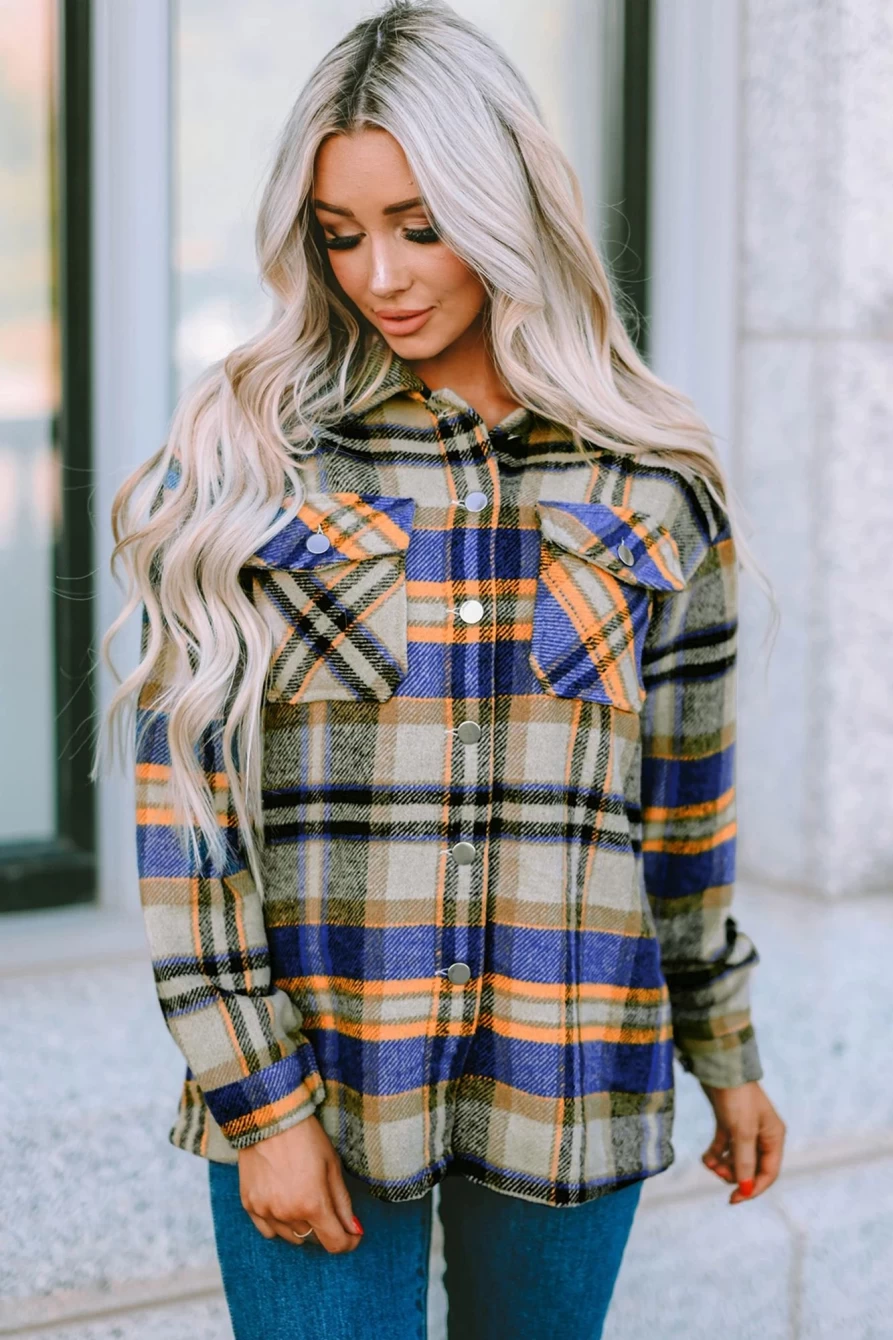 "Shewin Women's Blue Flannel Button-Up Shacket with Flap Pocket"