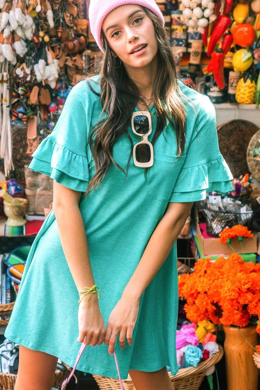 Shewin Women's Green Ruffled Short Sleeve Casual T-Shirt Dress with Pocket