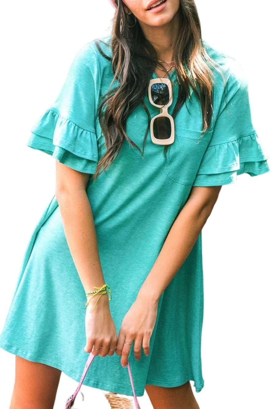 Shewin Women's Green Ruffled Short Sleeve Casual T-Shirt Dress with Pocket