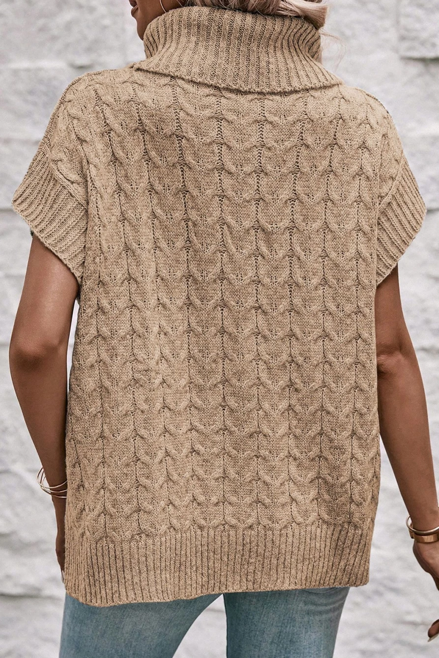 Women's Light French Beige Cable Knit Turtleneck Sweater with Batwing Sleeves | SHEWIN