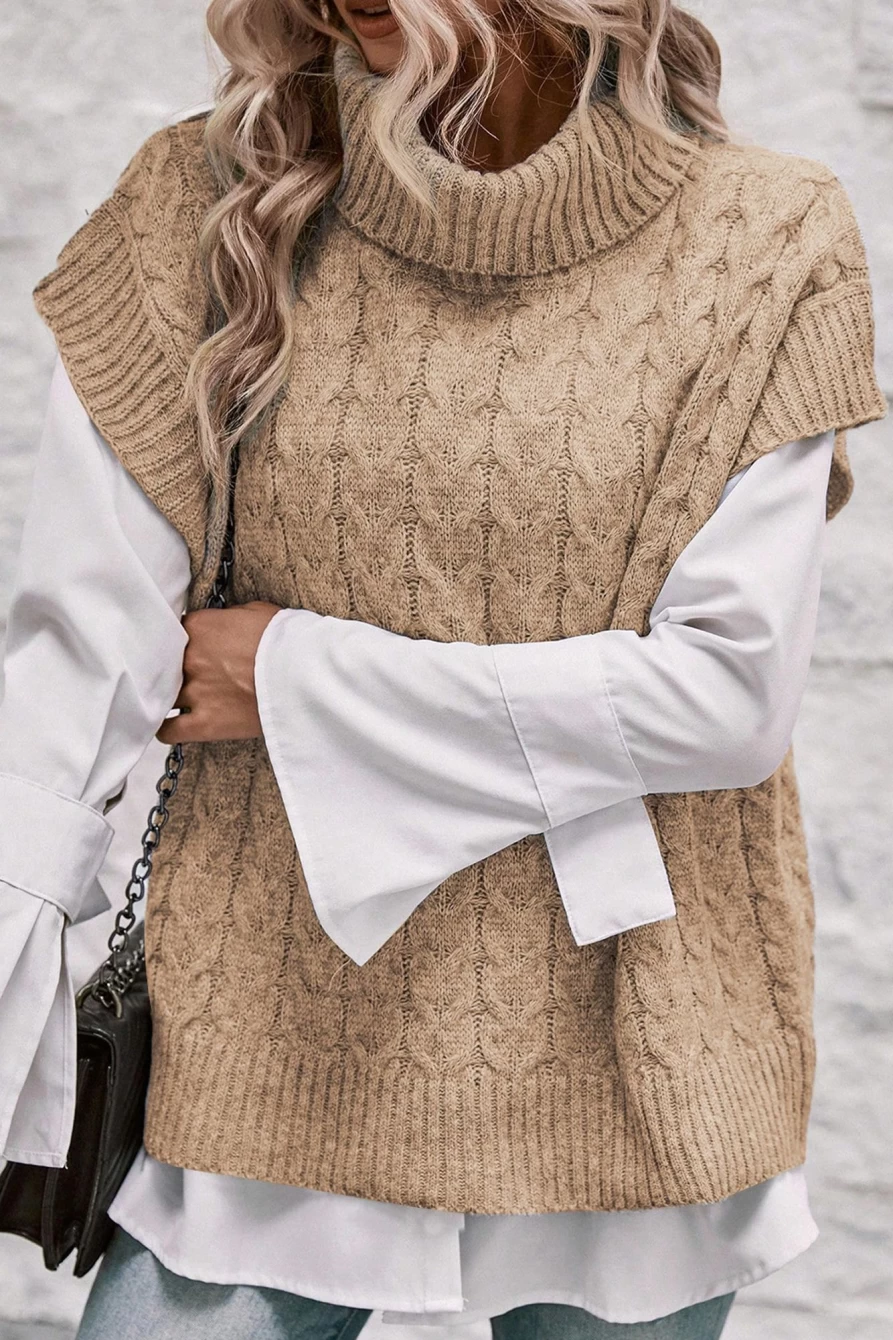Women's Light French Beige Cable Knit Turtleneck Sweater with Batwing Sleeves | SHEWIN