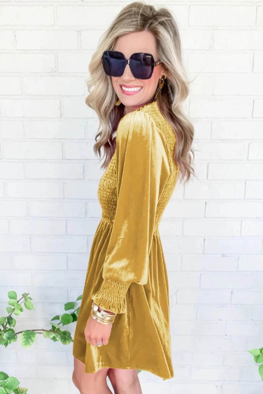 Shewin Women's Mustard Velvet Dress with Smocked Bodice, Lantern Sleeves & Frilled Hem