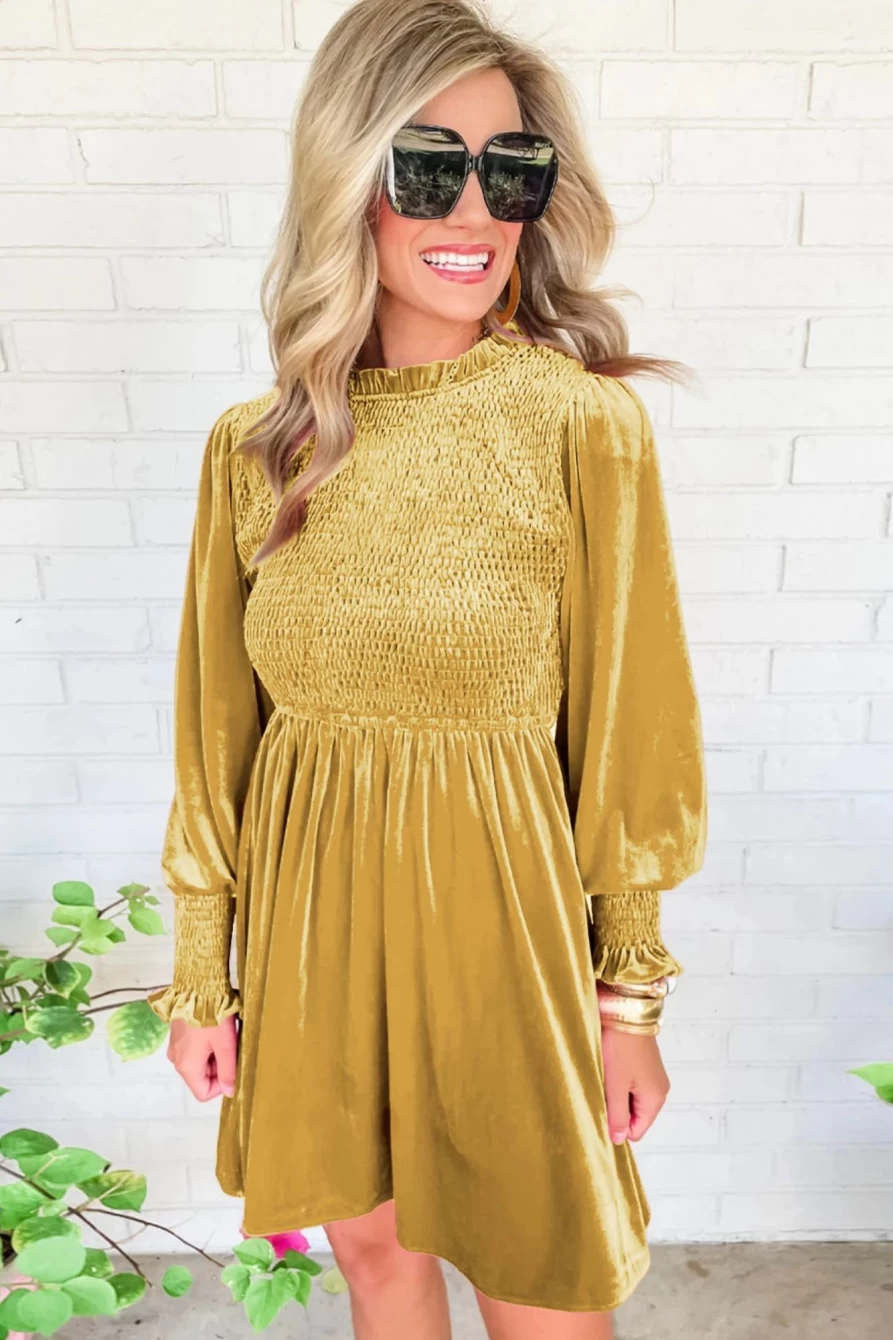 Shewin Women's Mustard Velvet Dress with Smocked Bodice, Lantern Sleeves & Frilled Hem
