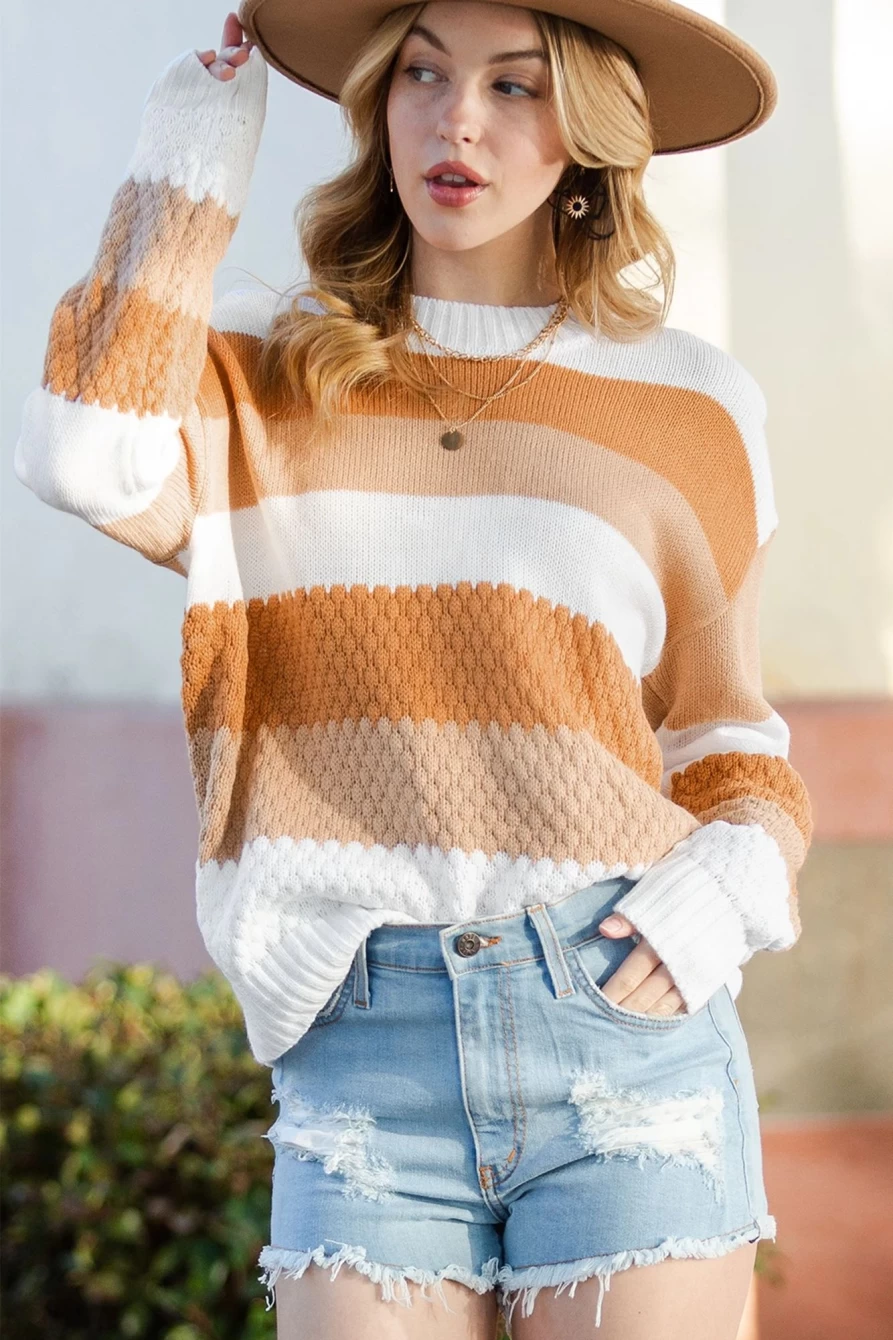 Shewin Women's Chestnut Colorblock Drop Sleeve Knitted Sweater