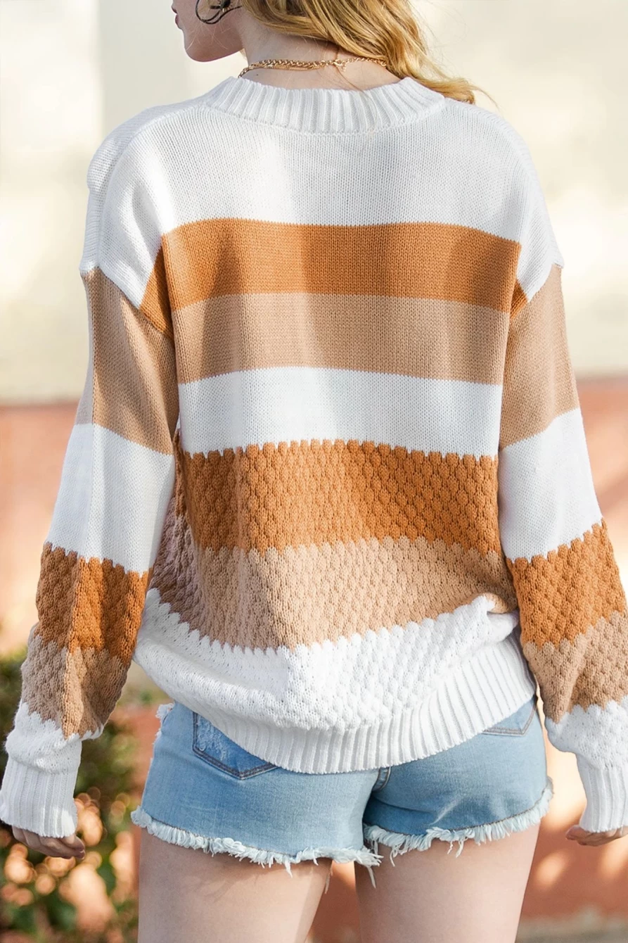 Shewin Women's Chestnut Colorblock Drop Sleeve Knitted Sweater
