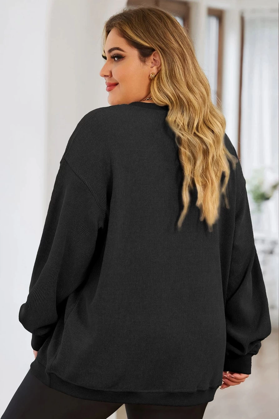 Shewin Women's Plus Size Black Round Neck Corded Sweatshirt - Comfortable Casual Pullover