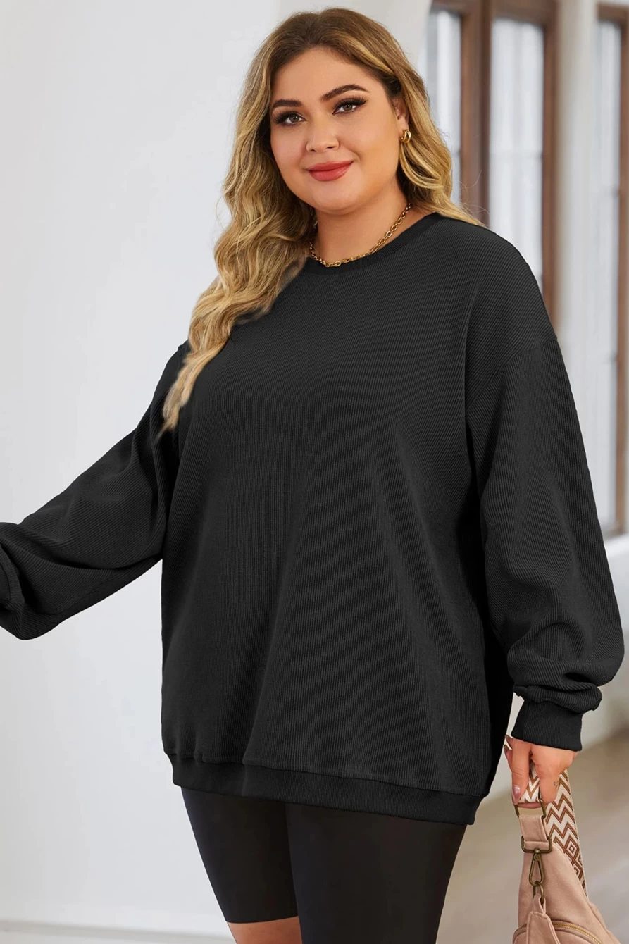Shewin Women's Plus Size Black Round Neck Corded Sweatshirt - Comfortable Casual Pullover