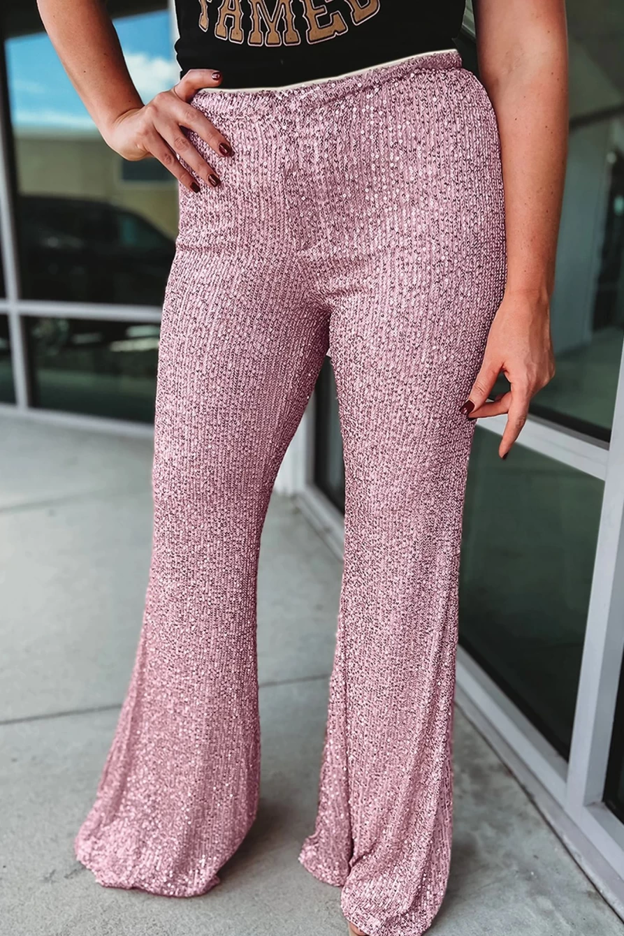 Shewin Women's Pink Sequin Flowy Flare Pants - Plus Size Glamorous Trousers