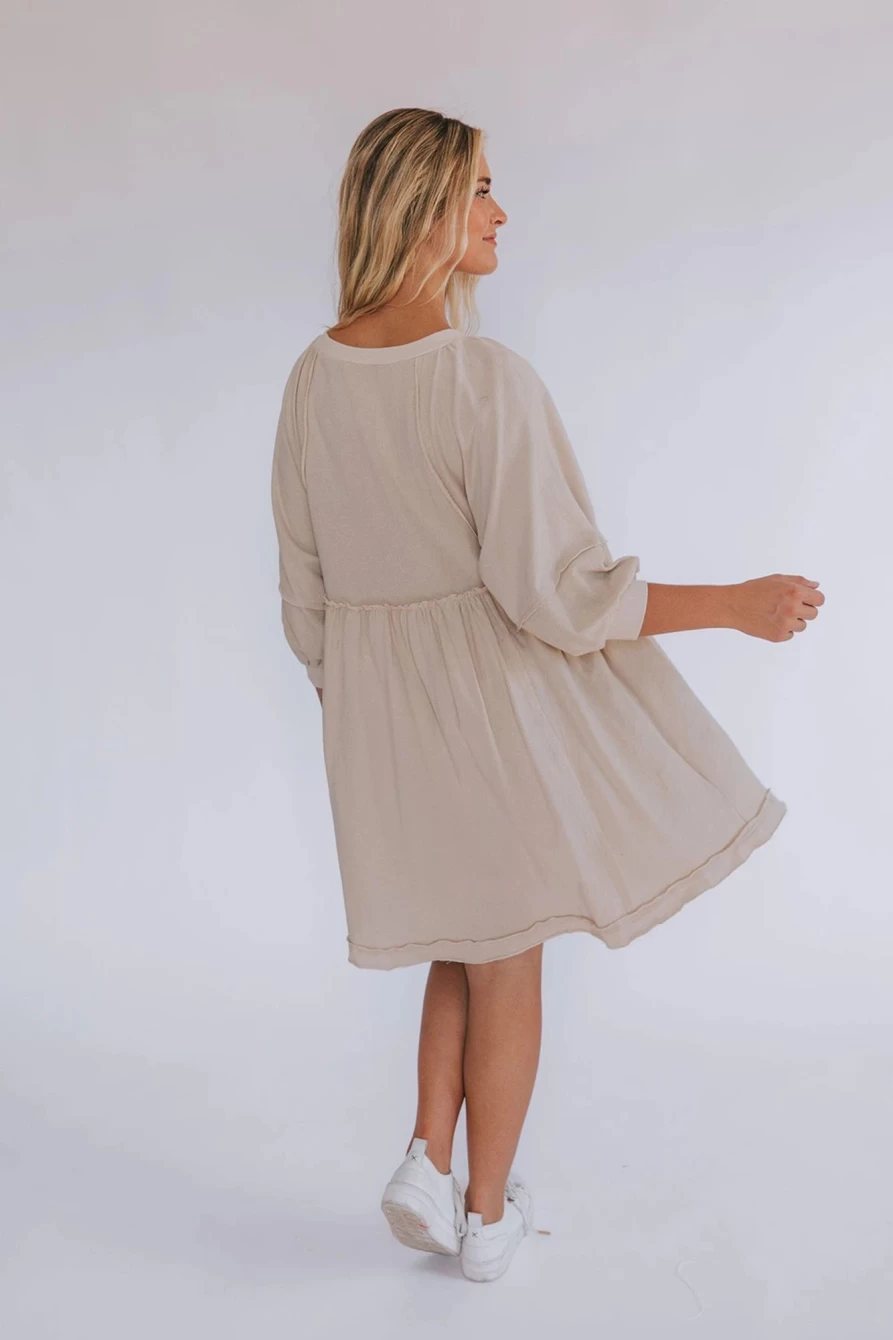 Shewin Women's Oatmeal Mini Dress with Frill Detail & Exposed Seam Slits