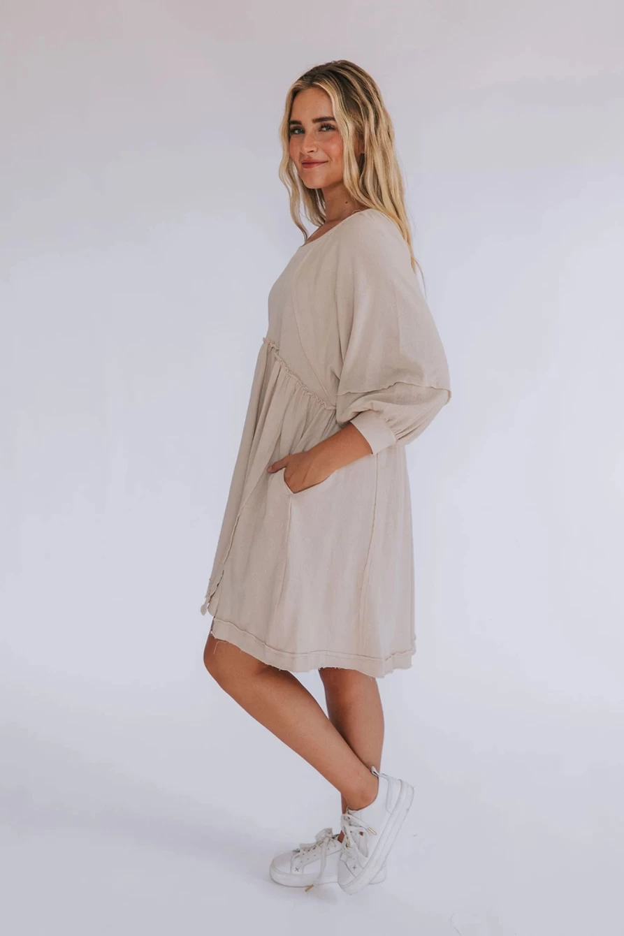Shewin Women's Oatmeal Mini Dress with Frill Detail & Exposed Seam Slits