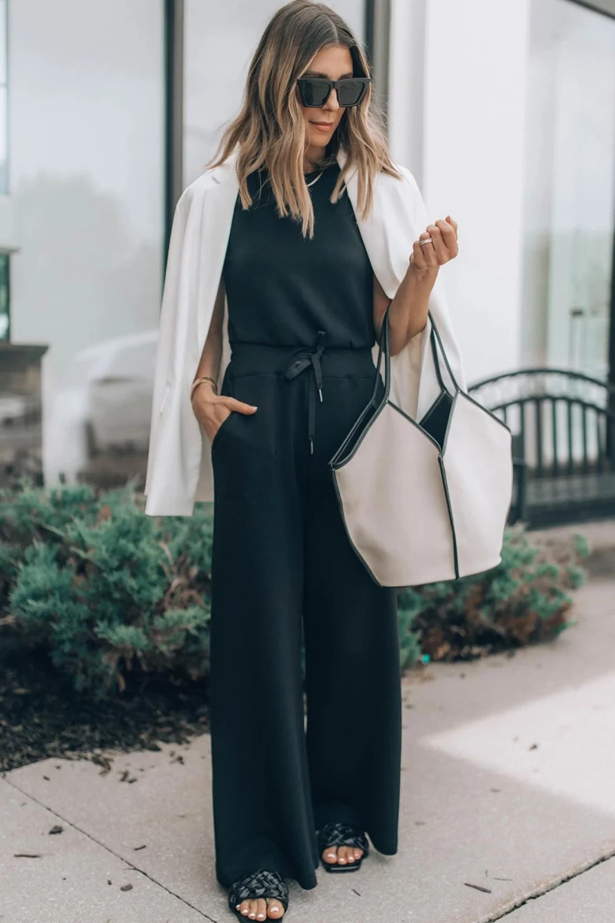 Women's Black Solid Sleeveless Wide Leg Jumpsuit - Shewin Tank Romper