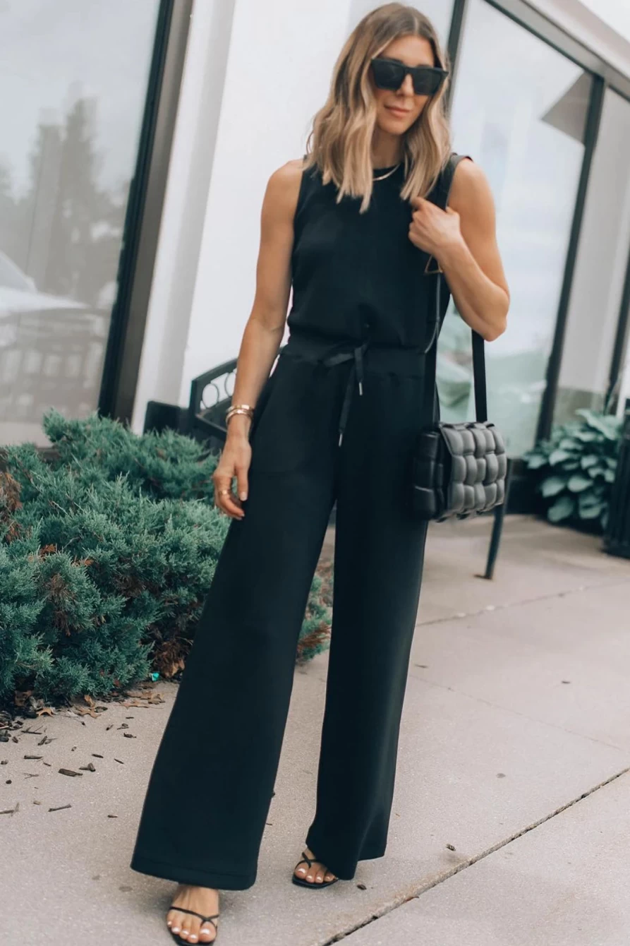 Women's Black Solid Sleeveless Wide Leg Jumpsuit - Shewin Tank Romper