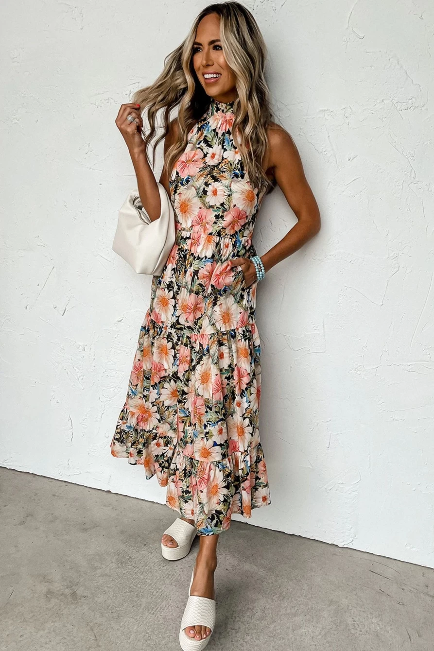 Shewin Women's Black Knotted Halter Floral Print Ruffle Tiered Maxi Dress