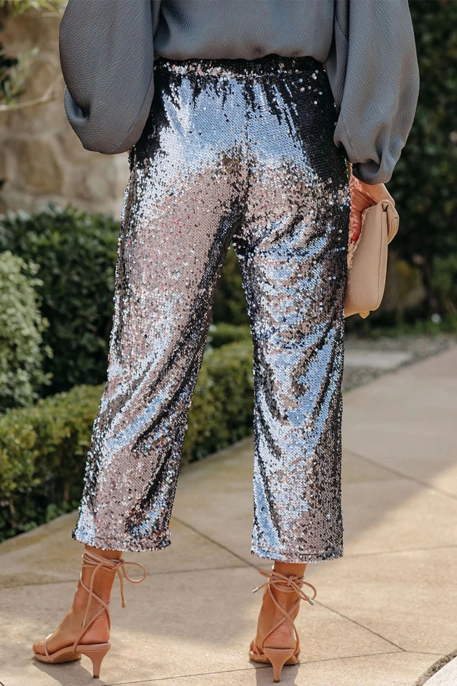 Shewin Women's Silver High Waisted Sequin Pants with Drawstring Cropped Hem