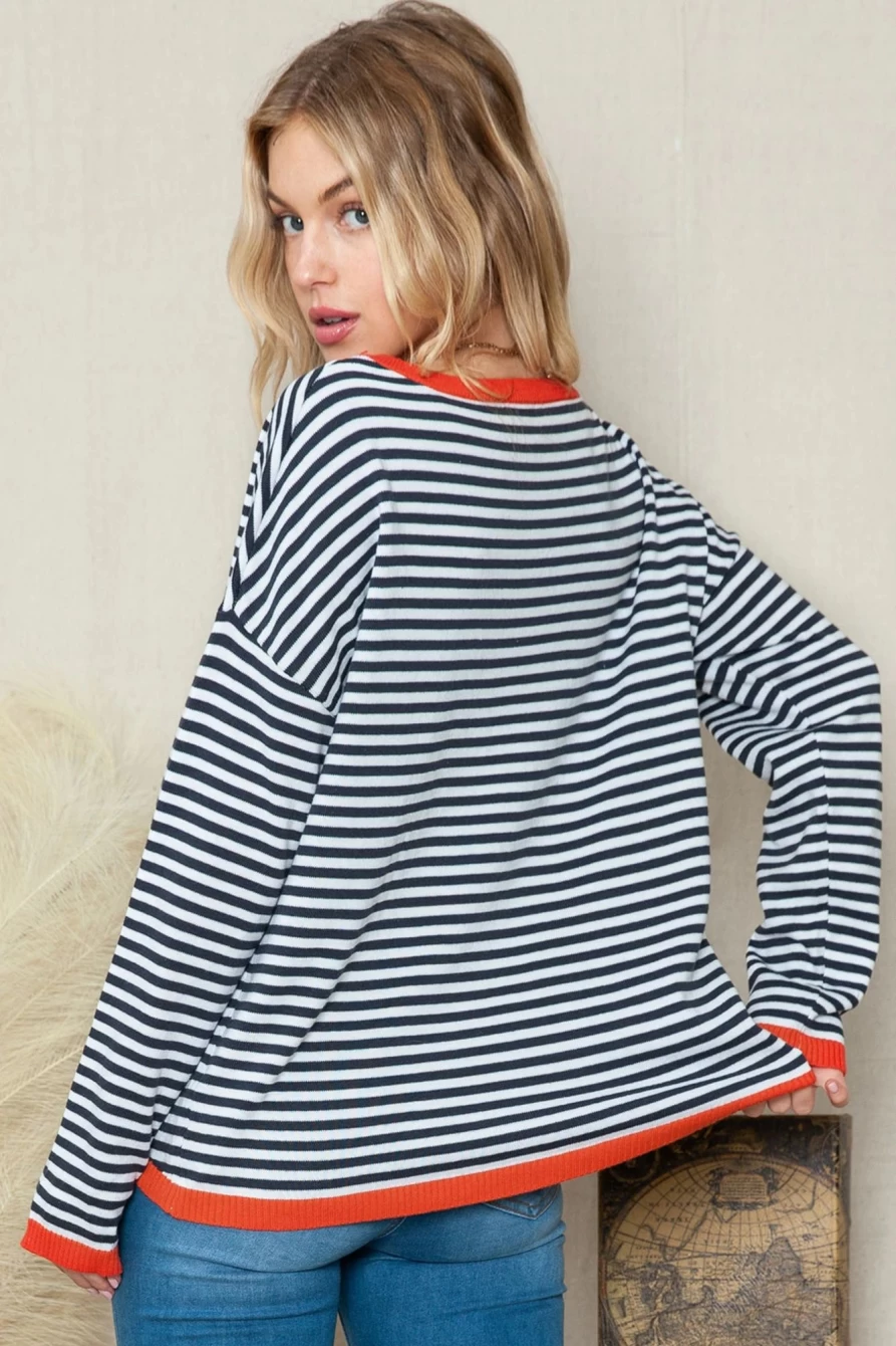 Shewin Women's Stripe Colorblock Trim Knit Pullover Sweater