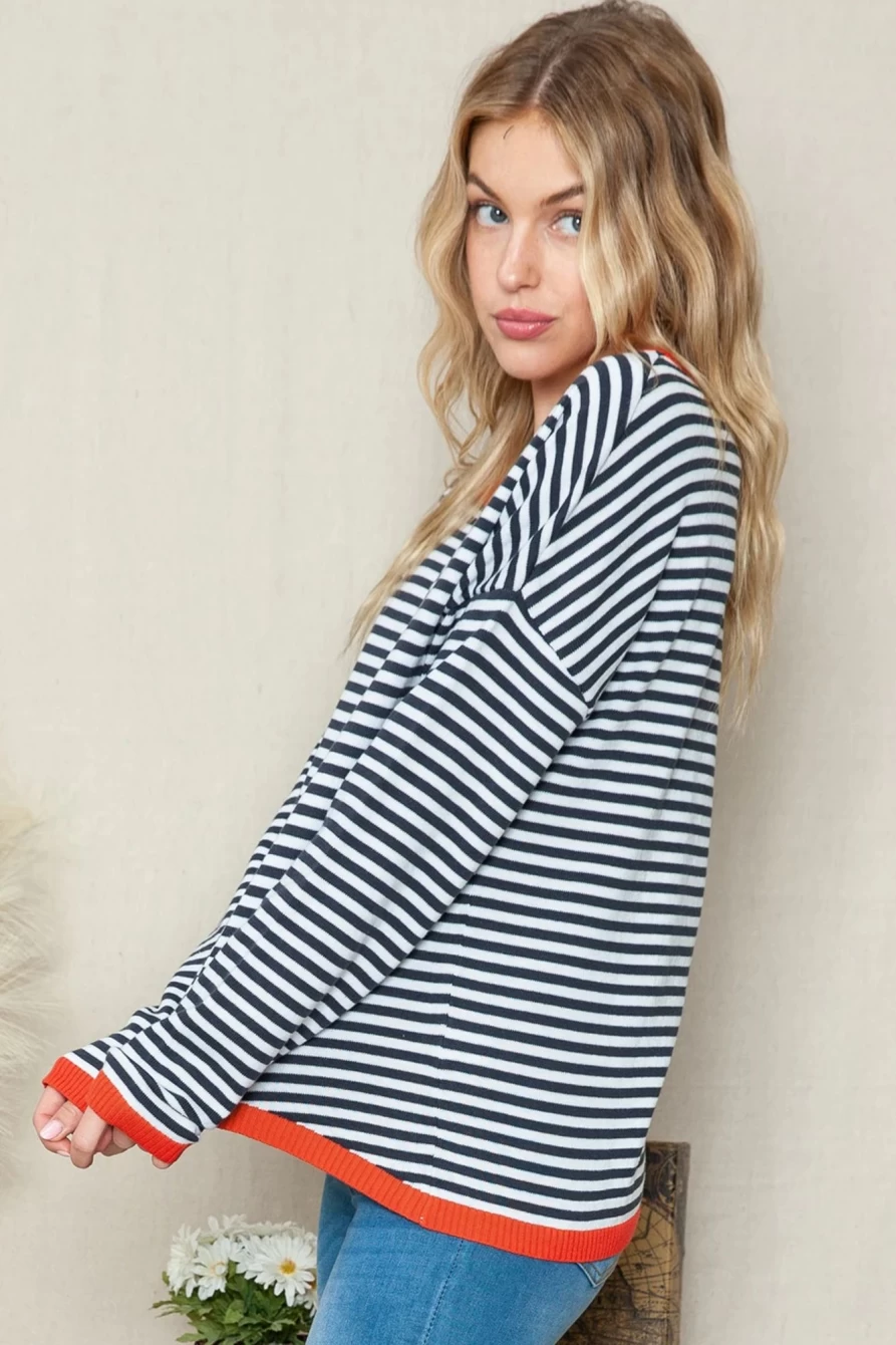 Shewin Women's Stripe Colorblock Trim Knit Pullover Sweater