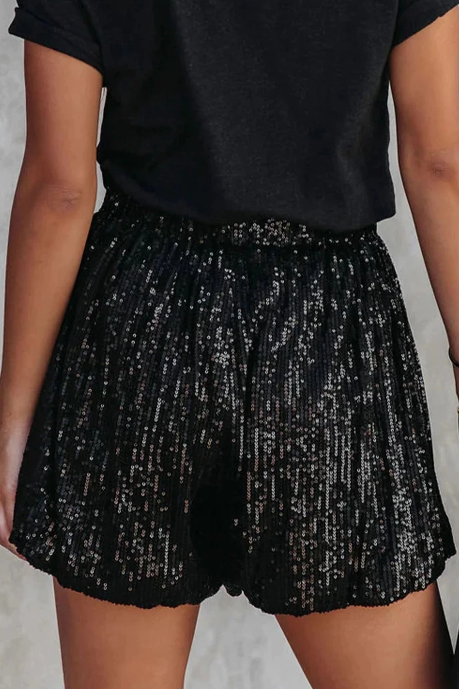 Shewin Women's Black Sequin High Waist Straight Leg Casual Shorts