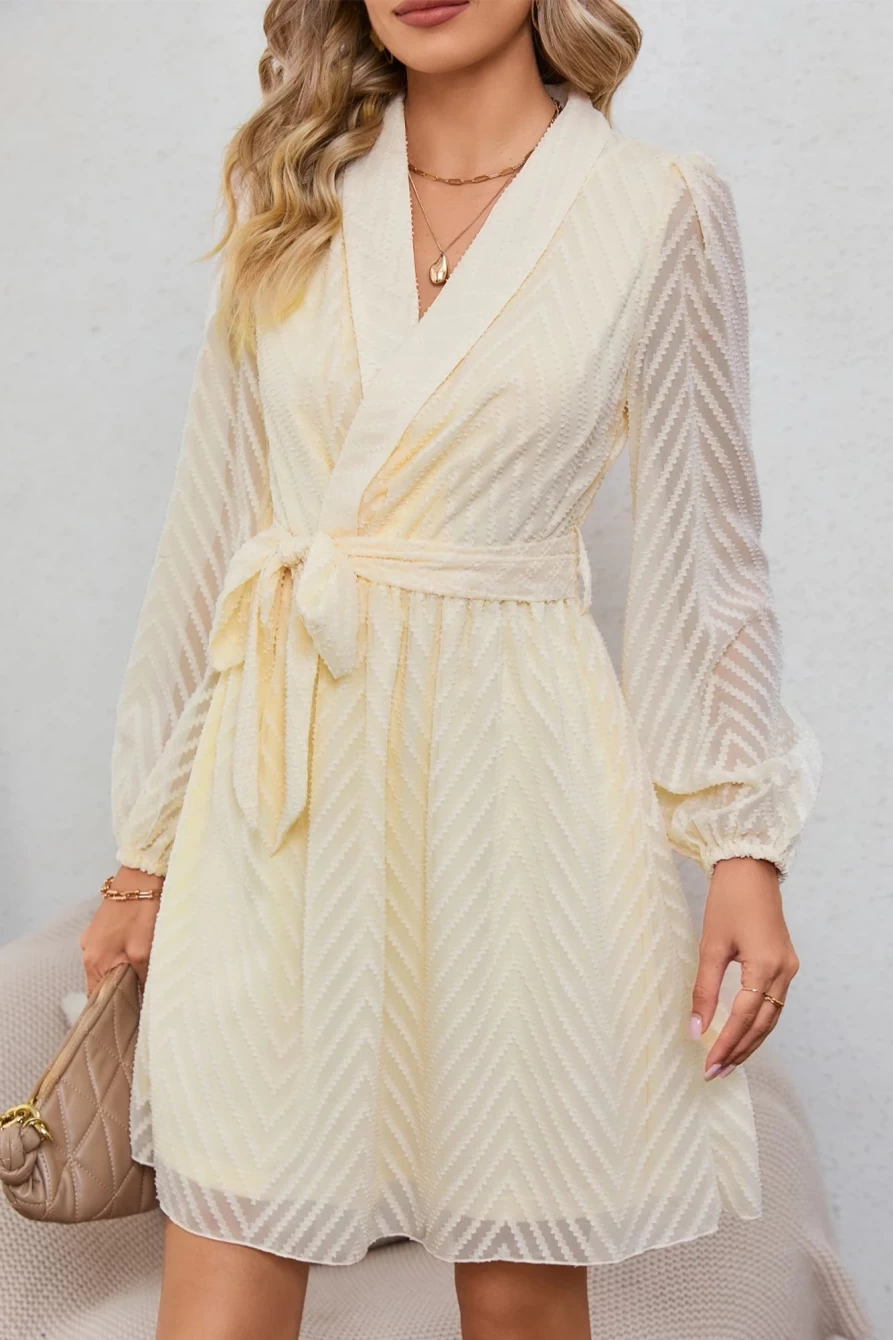 Shewin Women's Apricot Textured Wrap Dress with V-Neck, Long Sleeves & Waist Belt