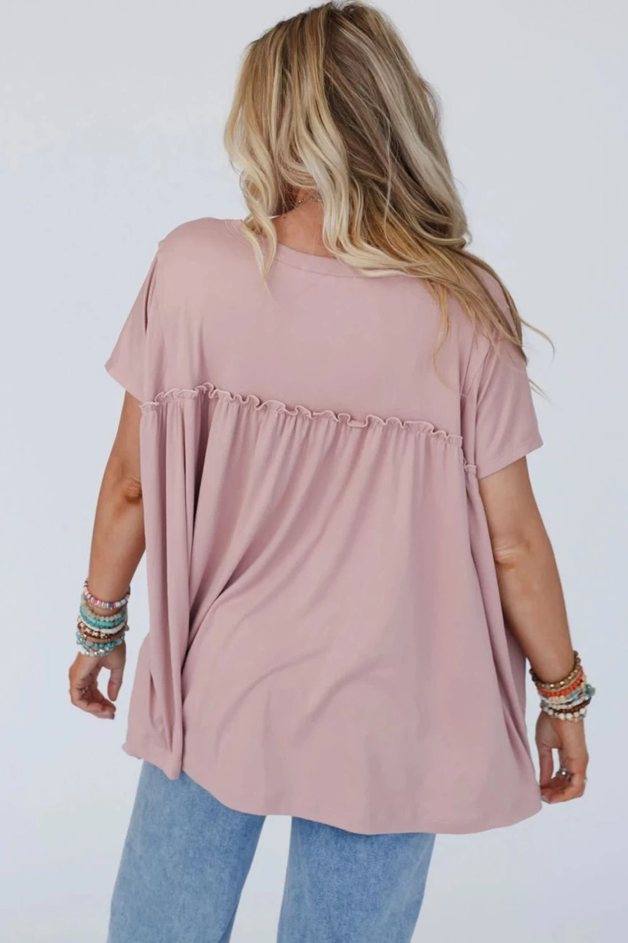 Shewin Women's Light Pink Plain Frilled Loose Babydoll Blouse Top