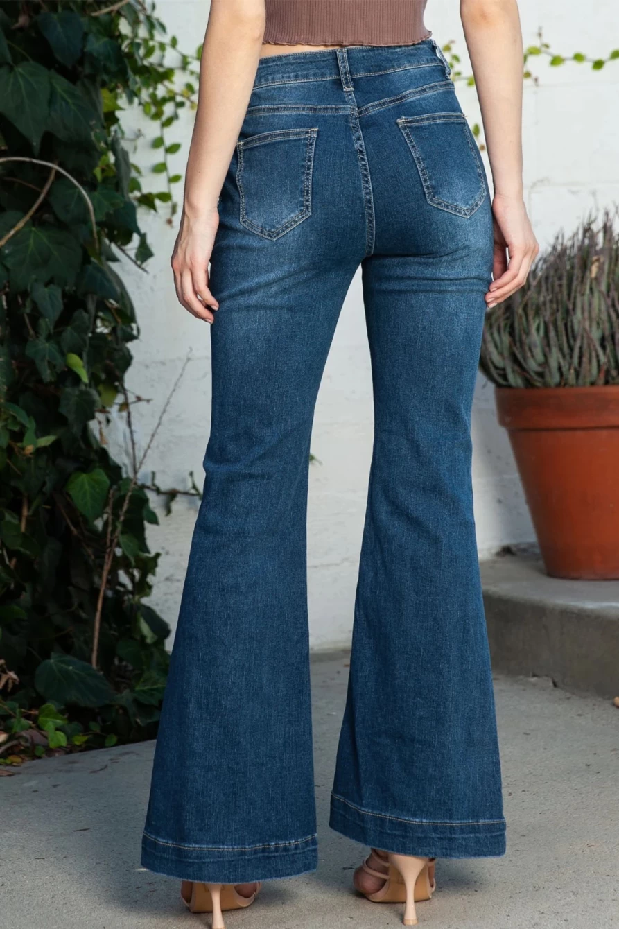 Shewin Women's Blue High Waisted Dark Wash Flared Bell Bottom Jeans
