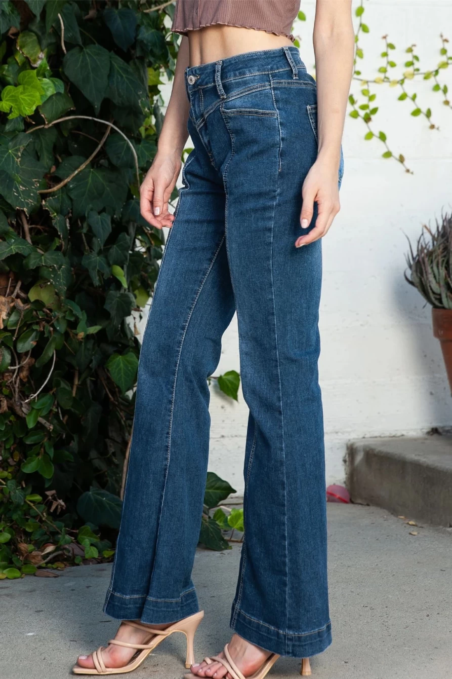 Shewin Women's Blue High Waisted Dark Wash Flared Bell Bottom Jeans