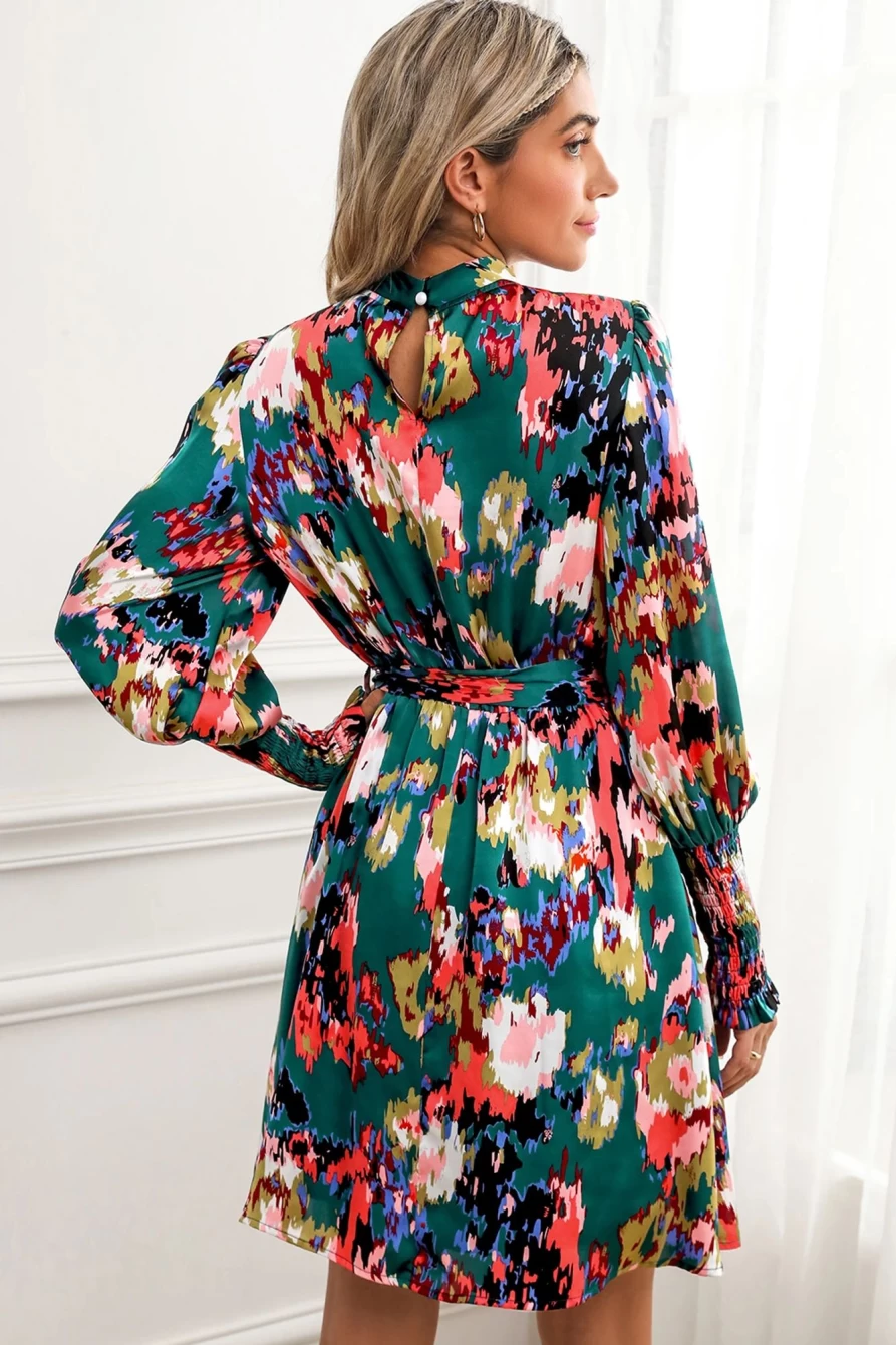 Shewin Women's Green Elegant Abstract Print Shirred Cuffs Belted Mini Dress